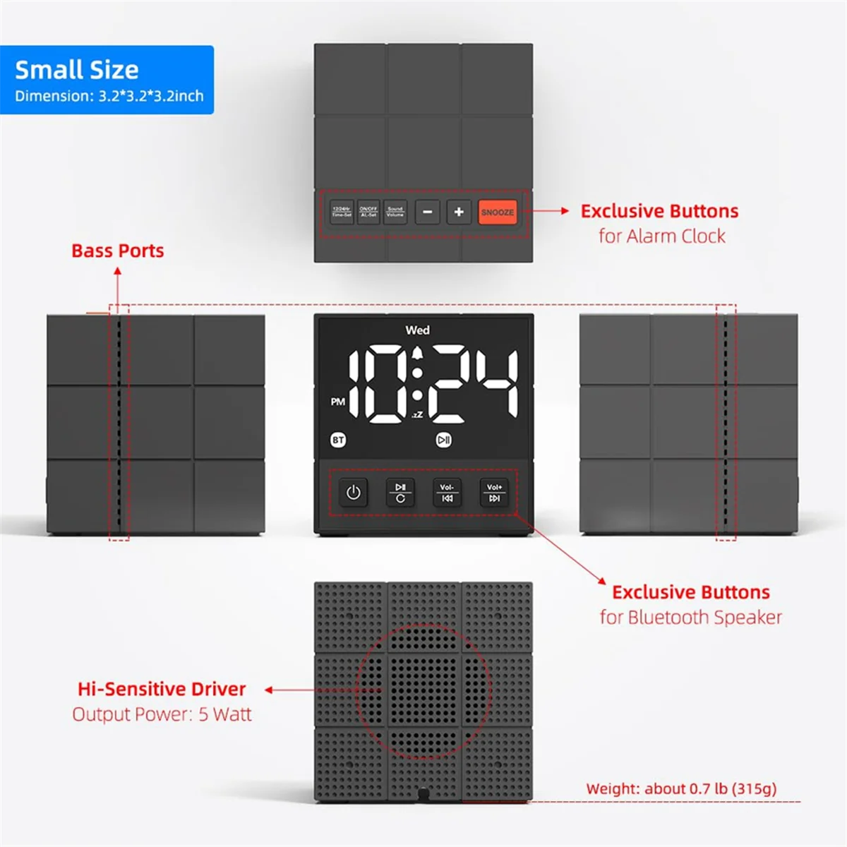JAS-Loud Alarm Clock Bluetooth Speaker, Dimmable LED Display, Small Bedside Digital Clock for Bedroom Super Loud Alarm