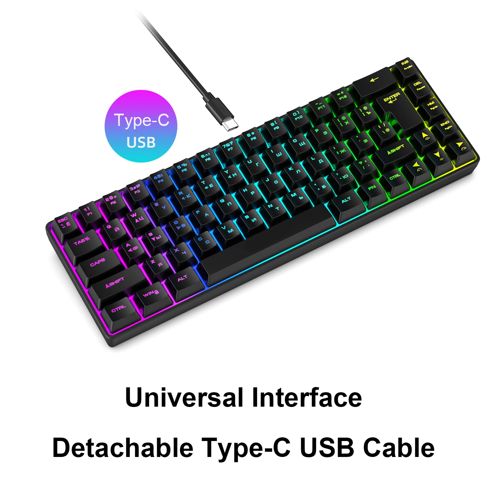 Wired Keyboard for Computer Russian English Dual Language Keyboard 68-Key RGB Backlit Gaming Mechanical Keyboard for Gaming