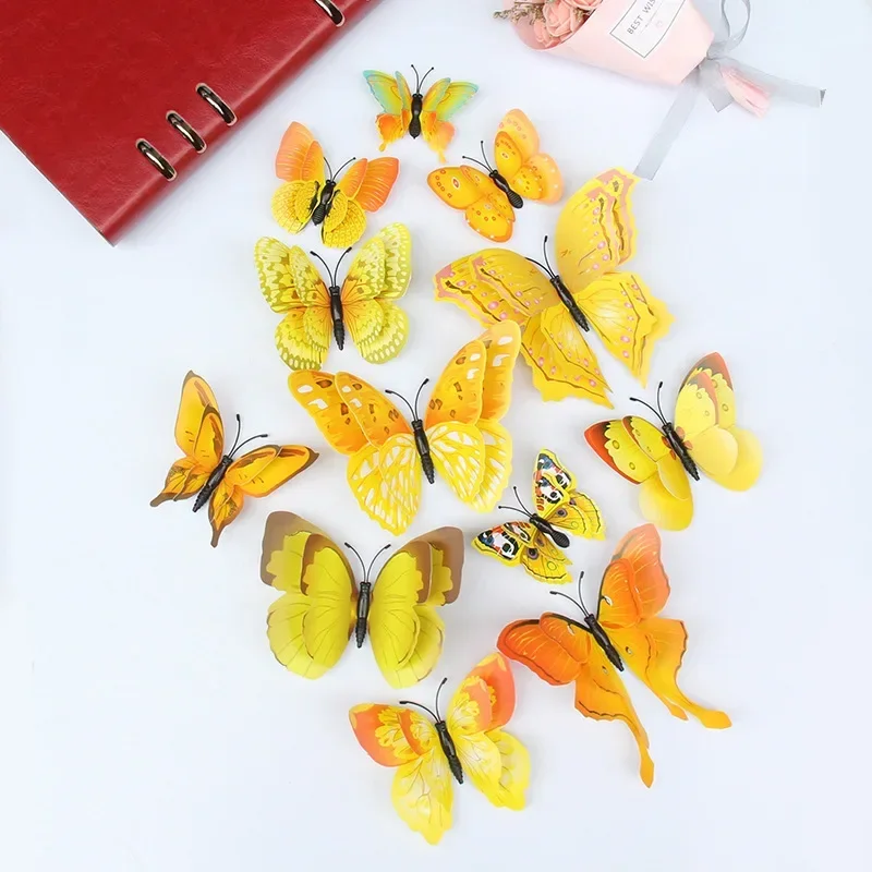 New Style 12Pcs Double Layer 3D Butterfly Wall Stickers Home Room Decor Butterflies For Wedding Decoration Magnet Fridge Decals