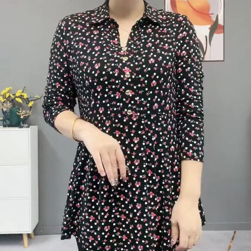 Polo-Neck Floral Vintage Woman Blouses Thin Fashion Elegant Button Long Sleeve Printed Pullovers Shirt Women's Clothing Autumn