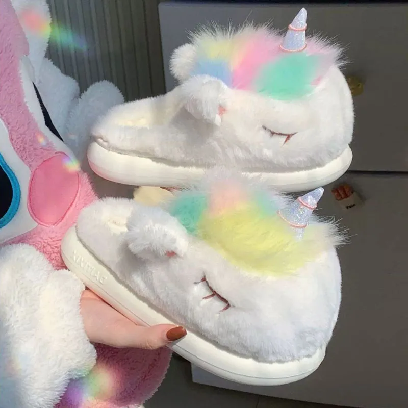 2024 Cute Colorful Unicorn Slippers Women Fluffy Fur Slippers Platform Indoor House Shoes Winter Cartoon Animal