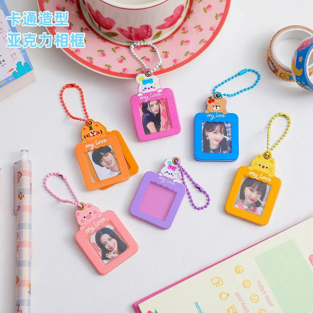 귀여운 아크릴 호랑이 사진 프레임 펜던트, 카와이 곰 포토카드 키 체인 여자 아이돌 사진 보호 카드 보관 슬리브 문구