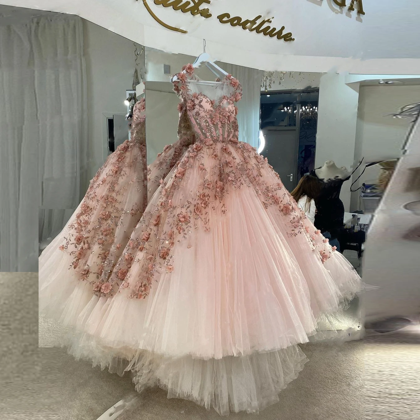 Enchanted Garden Tulle Formal Dresses Crystals Women Pink Extra Puffy A Line Floral Prom Dressing Party Gowns For Photography - Dresses - AliExpress