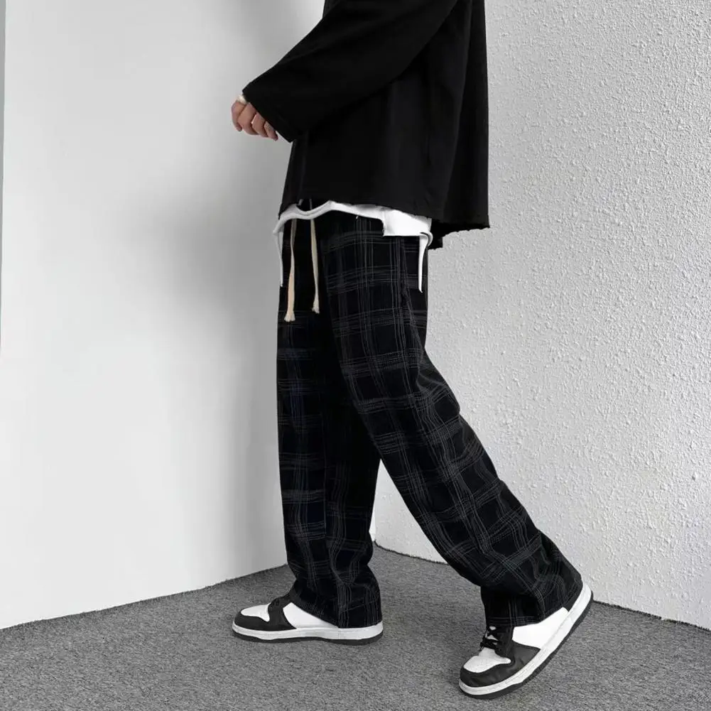 Men Mid-Rise Drawstring Pockets Straight Wide Leg Pants Plaid Print Loose Casual Pants for men Streetwear pantalones hombre