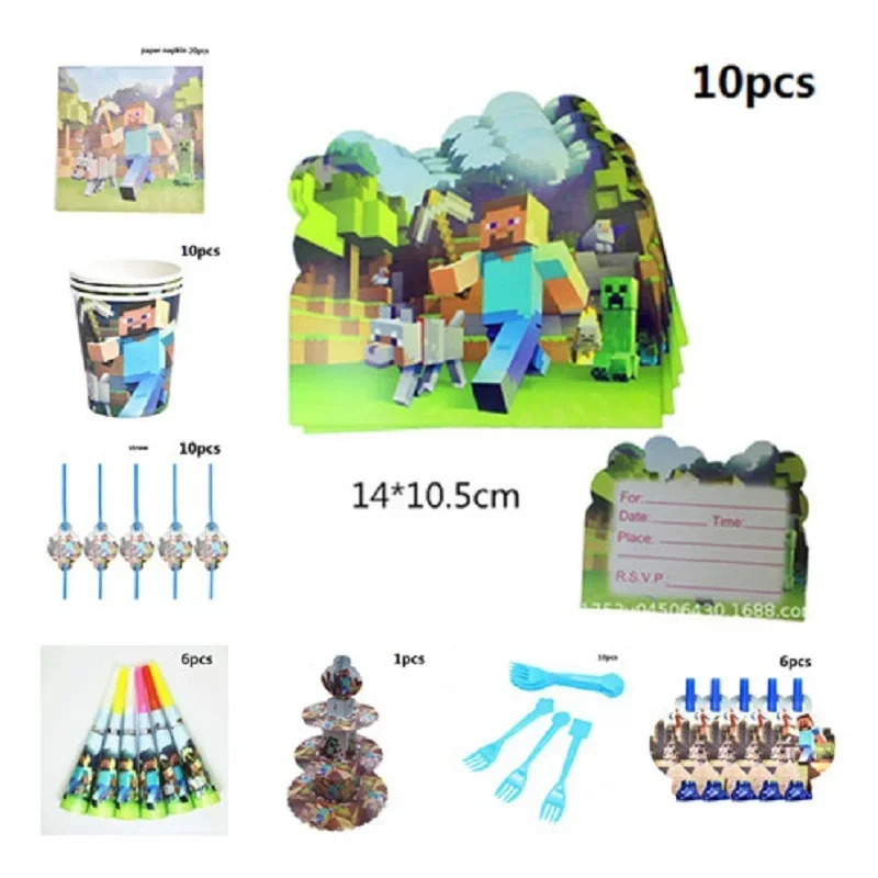 Minecraft Boy Theme Birthday Family Party Dinner Plate Pixel Cup Tablecloth Knife Fork Spoon Steve Kids Tableware Items