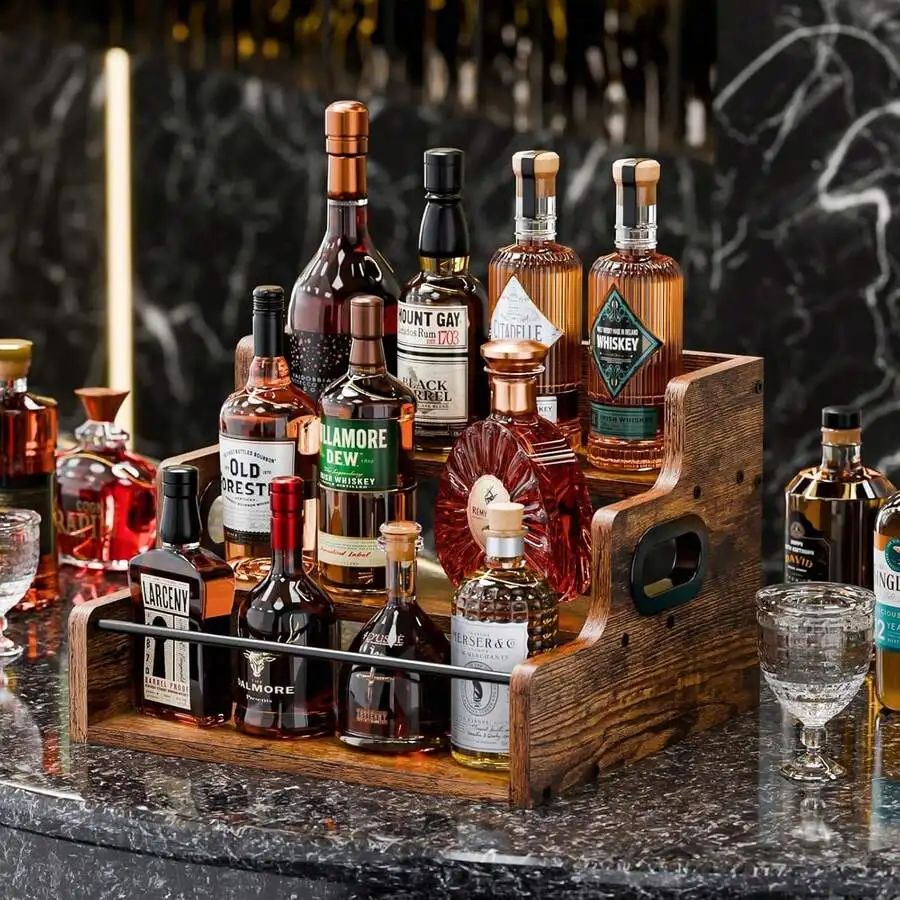 Solid Wood Liquor Bottle Display Shelf, Coffee Syrup Rack Organizer, 3 Step Countertop Liquor Wine Rack, Mini Bar, Liquor Cabine image 3