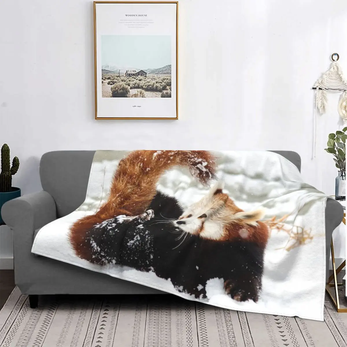 

Chinese Little Red Panda Playing In Snow Blanket Flannel Fleece Warm Animales Throw Blankets for Travel Bedroom Couch Bedspreads