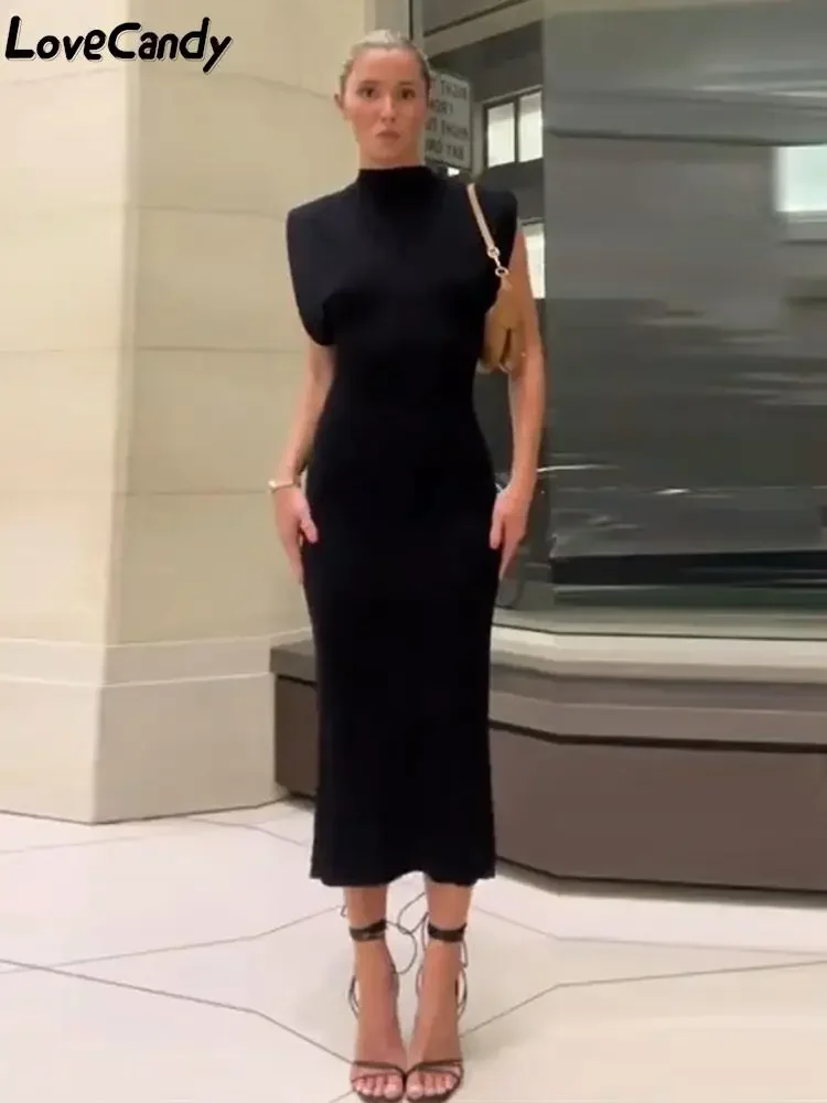 

Fashion Black O Neck Slim Midi Dresses For Women 2023 Sexy Rear Split Sleeveless Bodycon Dress Elegant Female Streetwear Outfits