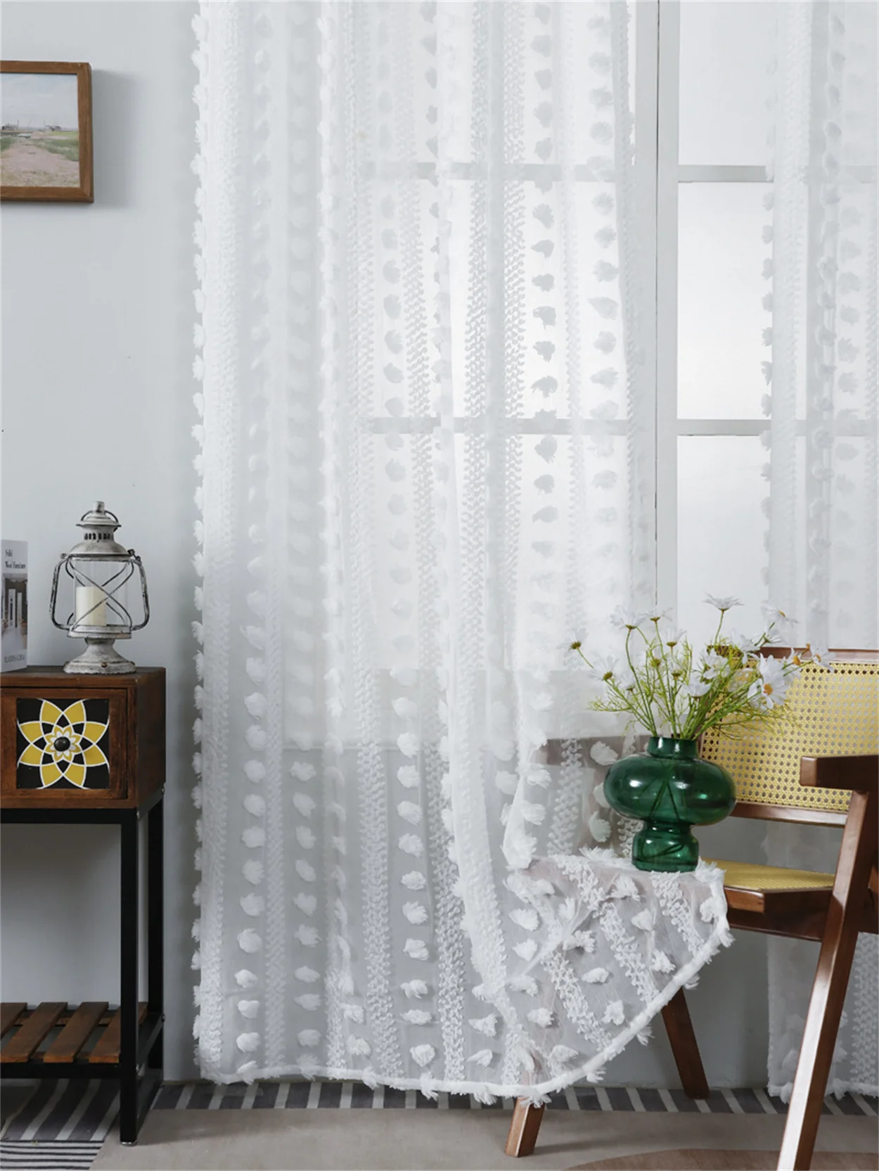 

1pc Boho-chic Elegant Semi-Sheer Curtain with Flower, Pastoral Style Flower Window Tulle, Light-Filtering Grommet Panel for Room