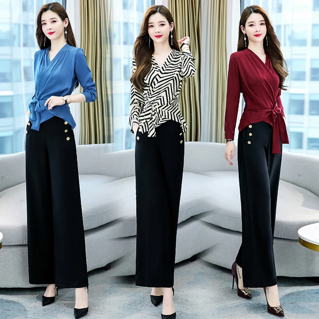 Women Two Pieces Striped Set 2022 Spring Autumn Long Sleeve V-neck Tops+Long  Wide Leg Pants Trousers Lady 2 Pieces Suits - AliExpress