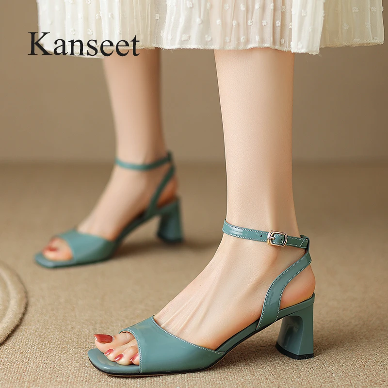 

Kanseet Shoes Real Leather Women Sandals Concise Open-Toed Handmade Ankle Strap Lady Dress High Heels Sandal Sizes 42 Black 2023