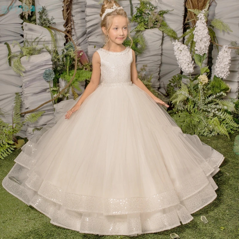 

Flower Girl Dresses White Tulle Puffy Round Neck Shiny Hem With Big Bow For Wedding Birthday Party First Communion Gowns