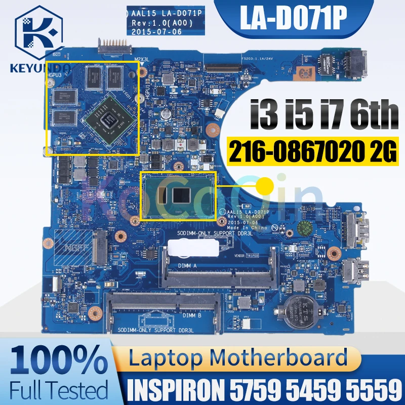 Placa-mãe para Dell Inspiron 5759 5459 5559 i3 i5 I76th Gen Cpu Hdmi 0t66wj Testado Aal15 La-d071p