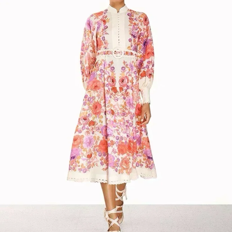 

2023 Top Quality Latest Collection Spring Autumn Pink Floral Printing Hook Flower Hollow Patchwork Midi Dress for Women