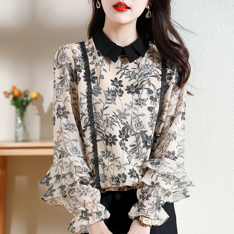Ruffled Loose Blouses for Women Elegant Women's Tee Shirt Ladies Tops Design Sense Flower Color Foreign Fashion 2024