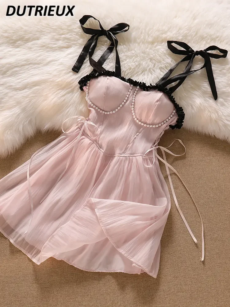 

Sleeveless Suspender Dress Women's Pearl Trim Tight Waist Slimming Lace up Princess Dress Summer Sweet Wrapped Chest Short Dress