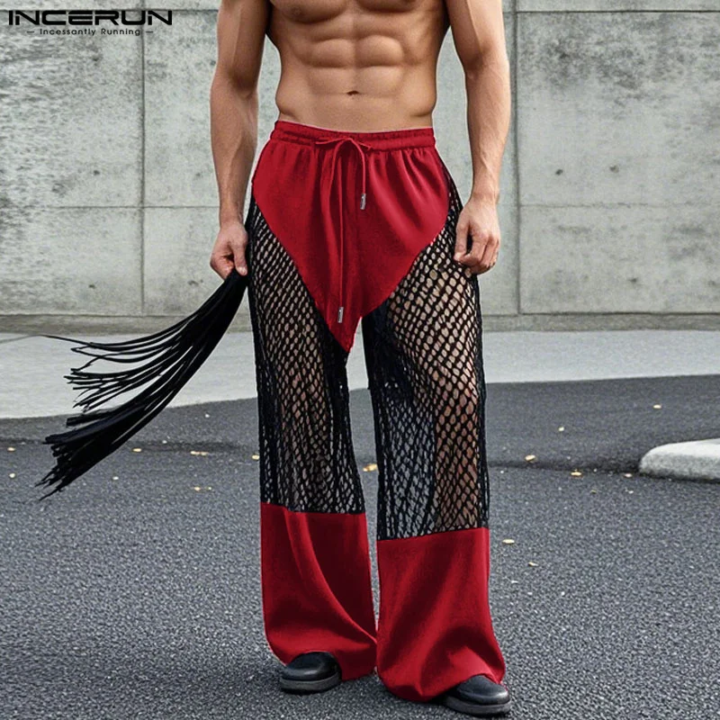 Fashion Casual Style Men's Trousers INCERUN Mesh Splicing Hollow Perspective Long Pant Streetwear Male Drawstring Pantalons 2025 3