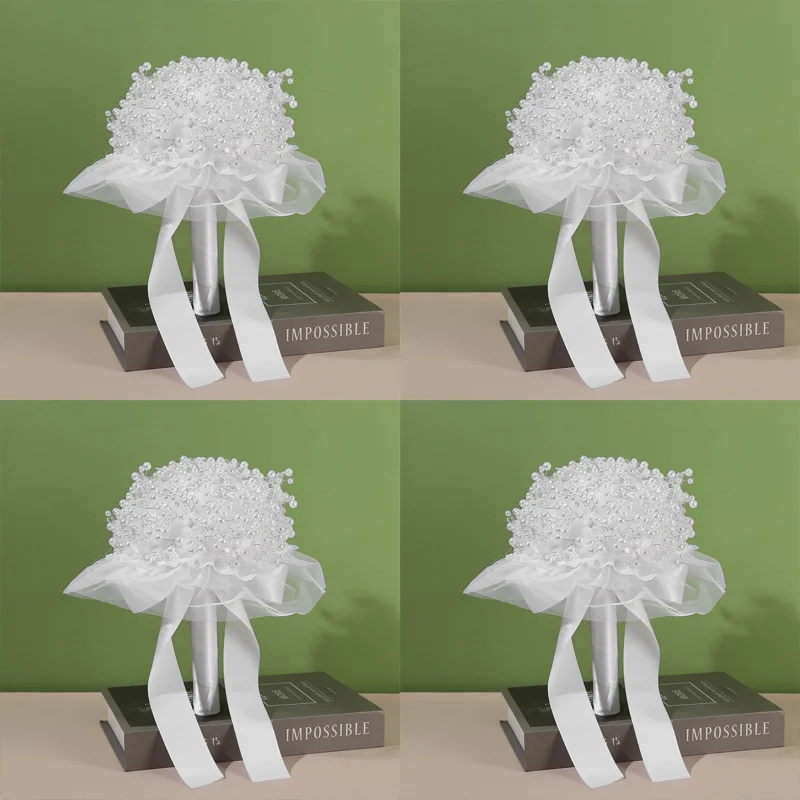 A bouquet of artificial flowers, holy white hand-held flowers, flowers with pearls, suitable for weddings, engagements