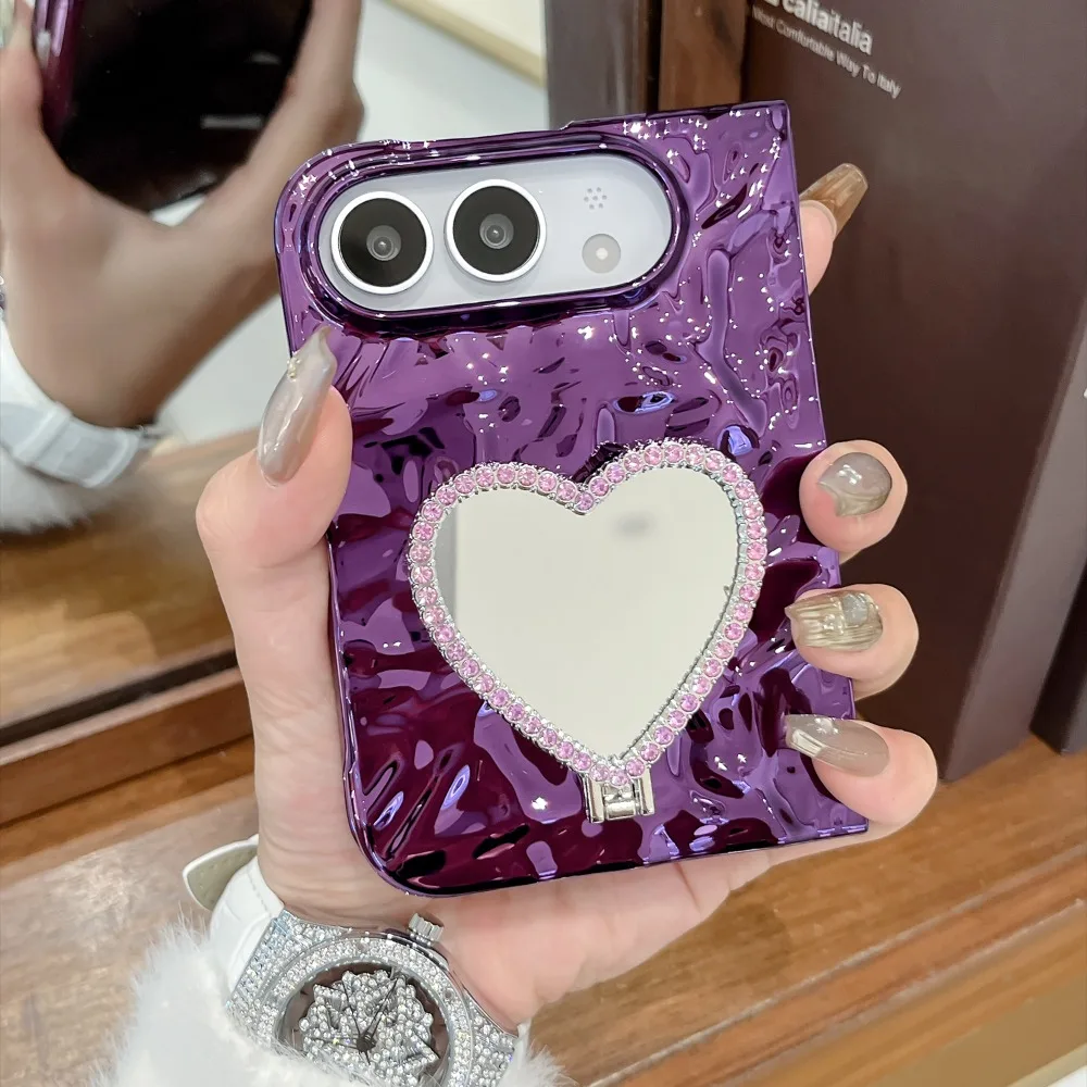 Elegant Heart Mirror Diamond Stand Case with Lanyard - Shockproof and Durable Cover