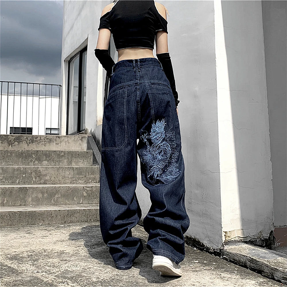 

Vintage Street Skateboard Punk Hiphop Loose Jeans For Women 2023 New Fashion Embroidered Wide Leg Mop Pants Trousers Female