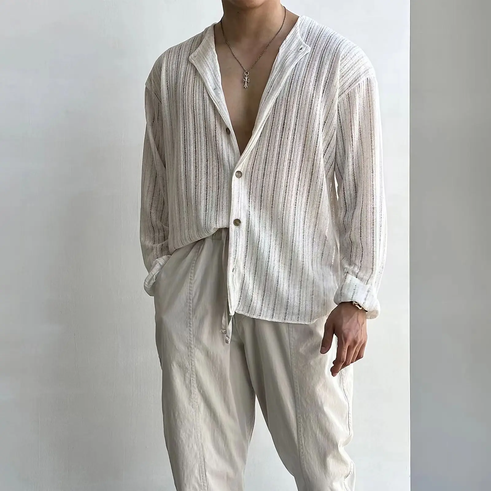 Large Size Men's Shirt V-neck Sexy Knitted Cardigan Solid Color Long Sleeve Hollow POLO Shirt Male Top