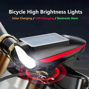 Bicycle Light Horn USB Bike Headlight 1200mAh Led Solar Power MTB Bike Electric Bell 140dB Night Riding Bicycle Accessories 1