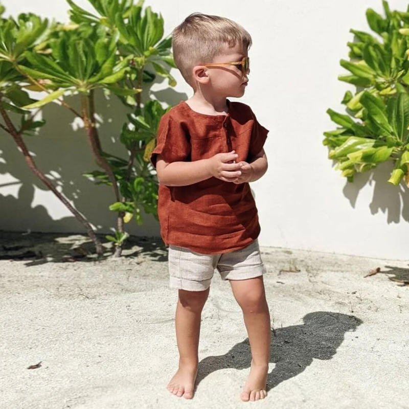 Boys Cotton And Linen Striped Casual T-Shirt 2024 Summer New Children's Round Neck Buttons Short-Sleeved Linen Tops TZ417 6
