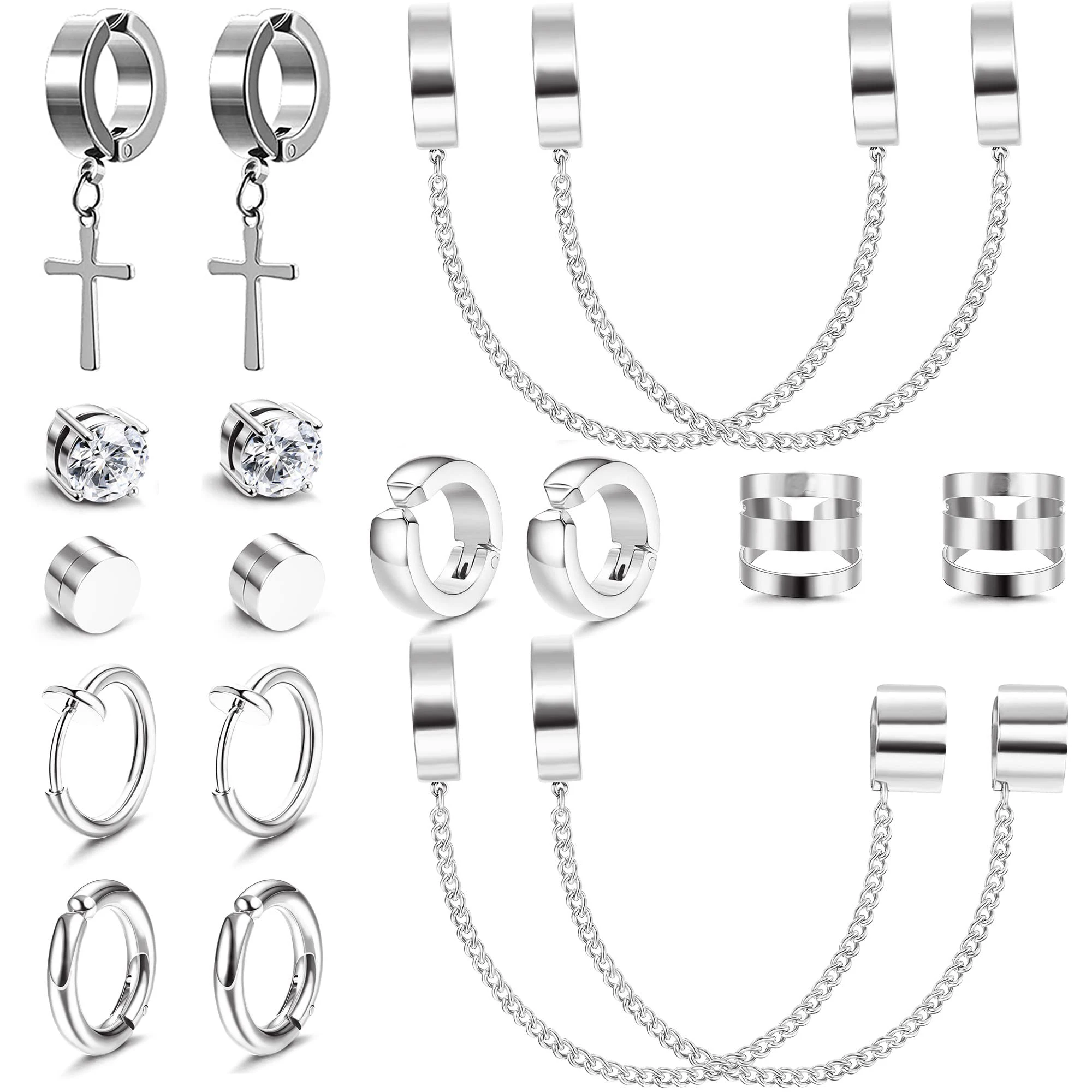 

1-9 Pairs Silver Color 316L Stainless Steel Non-Piercing Clip on Cross Chain Dangle Hoop Earrings CZ Magnetic Stud Earrings Set