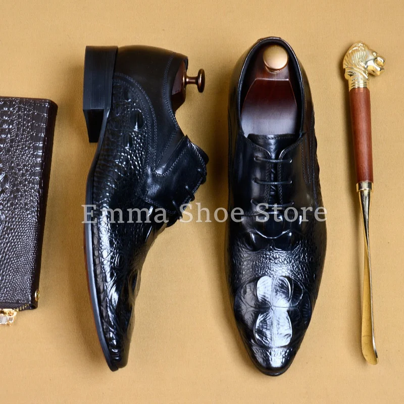 Men Spring Burgundy Crocodile Pattern Leather Shoes Korean Style Pointed Lace Up Formal Wedding Banquet