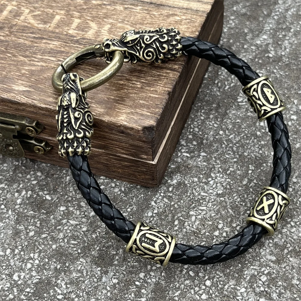 Viking Dragon Heads Nordic Runes Beads Diy Mens Womens Leather Bracelet Mythology Scandinavian Accessories Jewelry 5