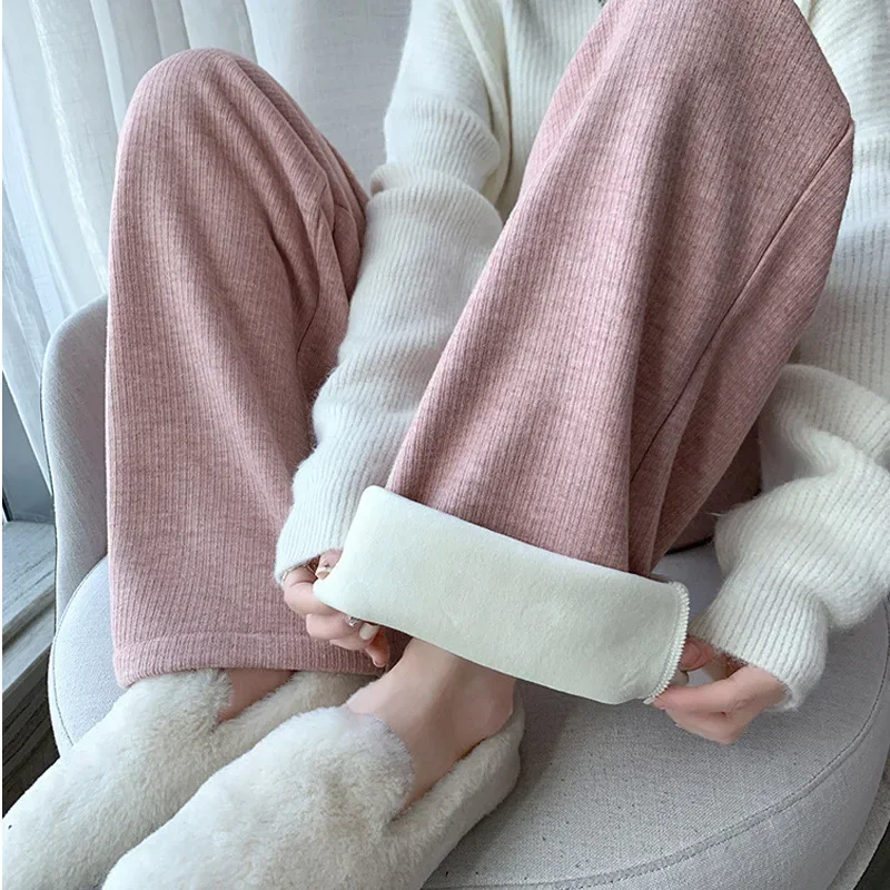 

Autumn and Winter Solid Color Fashion Casual Fleece Pants Women's Elastic Waist Straight Sports Pants High Waist Wide Leg Pants