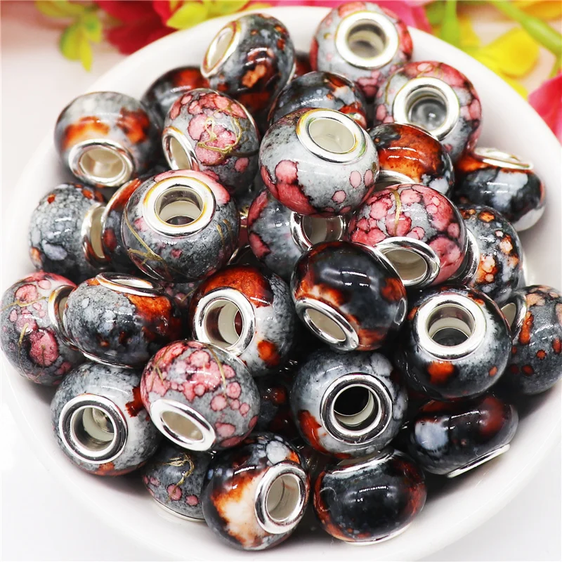 

10Pcs New Black Color Flower Marble Patterns Big Hole Round Loose Spacer Beads Charms Fit Pandora Bracelet Necklace Garden Decor