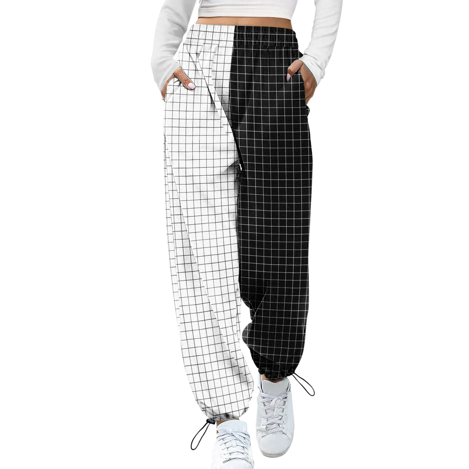 

Women's Plaid Printed Sweatpants High Waist Sporty Pockets Athletic Pants Patchwork Long Pants Trousers Spring Autumn Pants