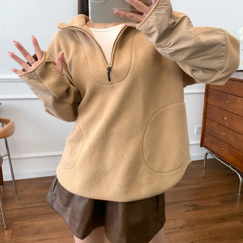 

2023 New Autumn Women Solid Color Polar Fleece Patchwork Half-zip Long-sleeved Sweatshirt