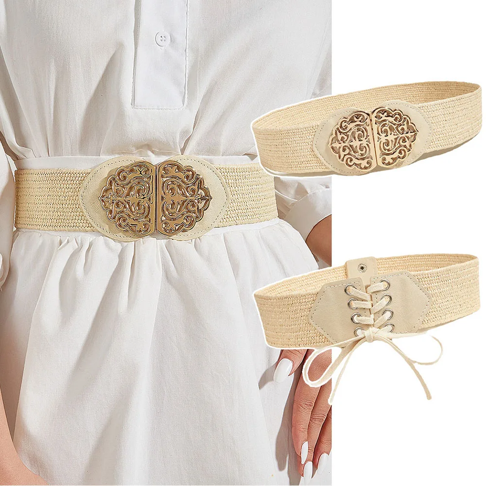 

Bohemia Belt For Women PP Grass Lace Up Waist Strap Elastic Braided Belt Straw Woven Wide Corset Belt Dress Decorated Waistband