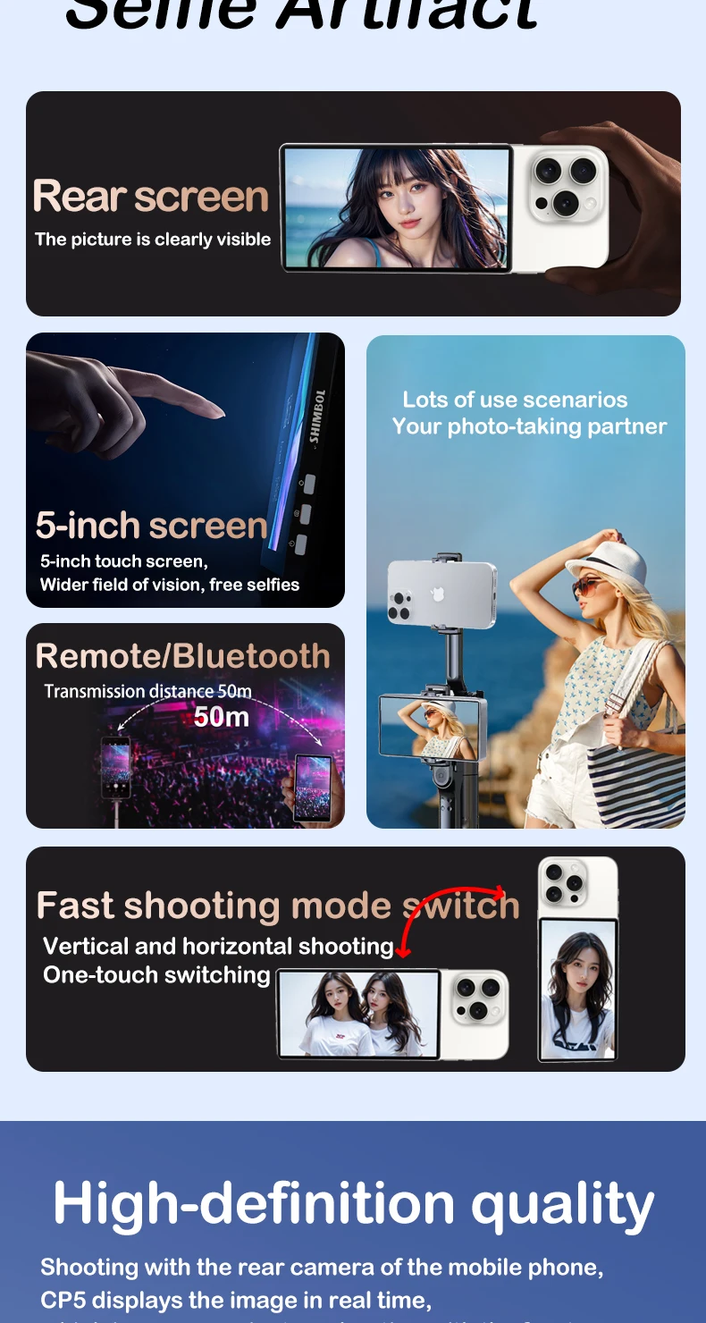 Écran Selfie Sans Fil 4 Pouces - Moniteur Tactile, Connexion Bluetooth, Fixation Magnétique - Pour Vlog, Live, Photo
