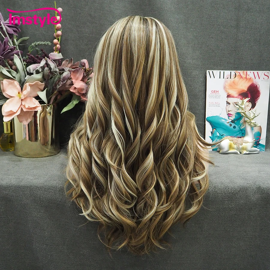 Imstyle Brown Synthetic Lace Front Wig Natural Wavy Wigs For Women Daily Long Lace Heat Resistant Fiber Cosplay Wigs