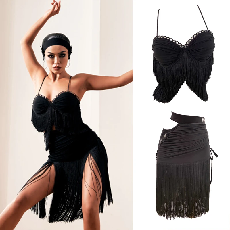 

Black Sling Tassels Tie Top Cutout Drawstring Fringes Skirts Latin Dance Costume Ballroom Performance Dancing Clothes SL6240