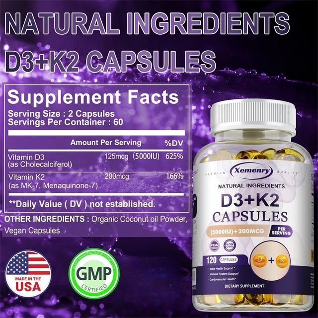 Vitamin D3 5000IU and 200 Mcg Vitamin K2 (MK-7) Capsules for Calcium Absorption, Bone Regeneration, Immune Support, Easy To Melt 2