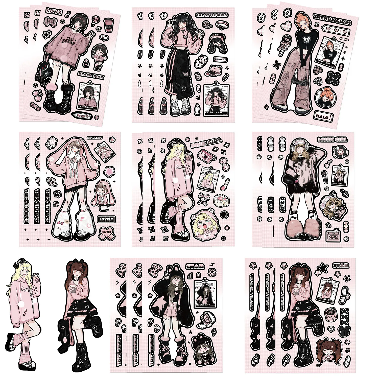 

8PCS Cute Cartoon Black Pink Girl Guka Aesthetic Stickers Laptop Phone Cup Scrapbook Car Luggage Waterproof Sticker for Kids