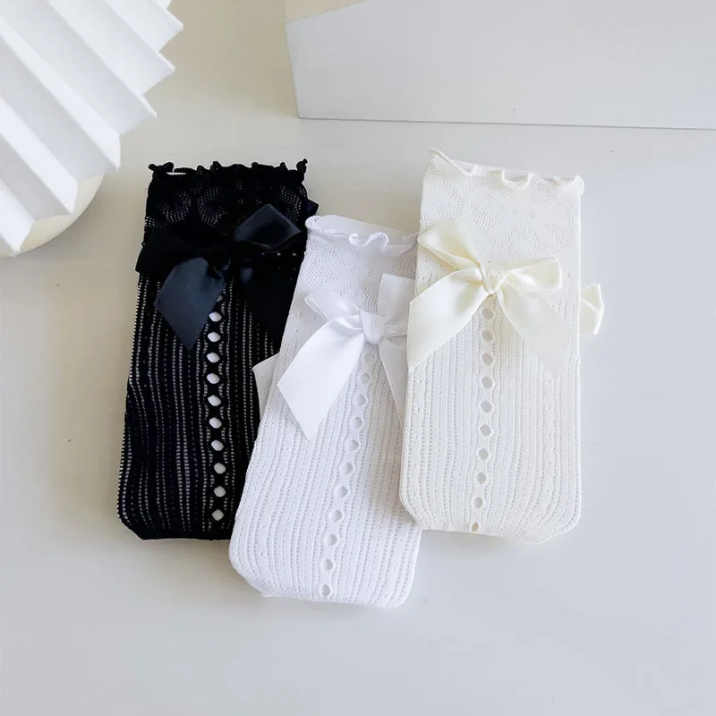 1 Pair Girl Sweet Bow Tie Socks Women Black Lolita Japanese Lace Mesh Fishnet Socks Elasticity Net Yarn Thin Children JK Socks