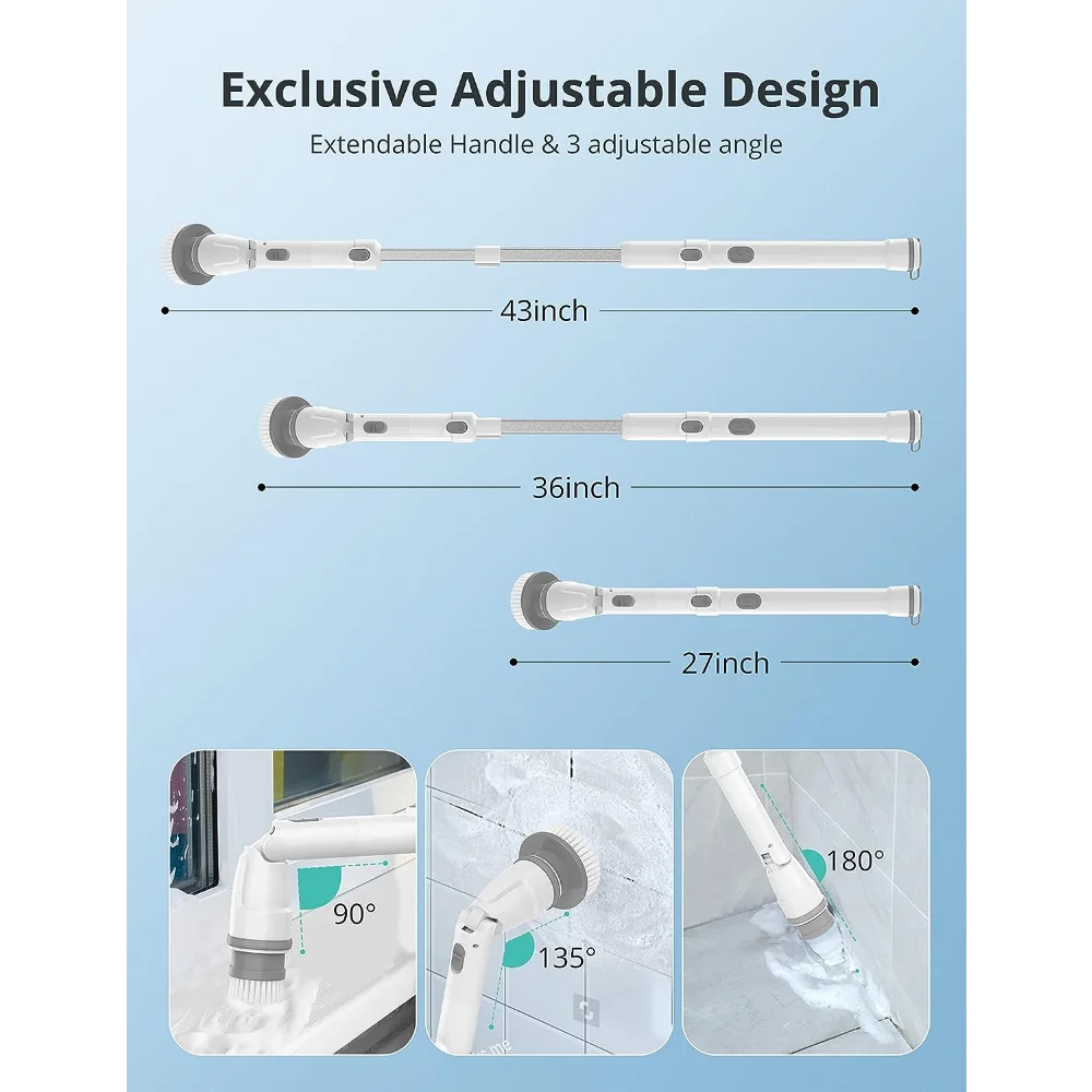 Voweek Electric Spin Scrubber, Cordless Shower Cleaning Brush with  Adjustable Long Handle, 4 Replaceable Brush Heads, 2 Rotating Speeds,  Electric