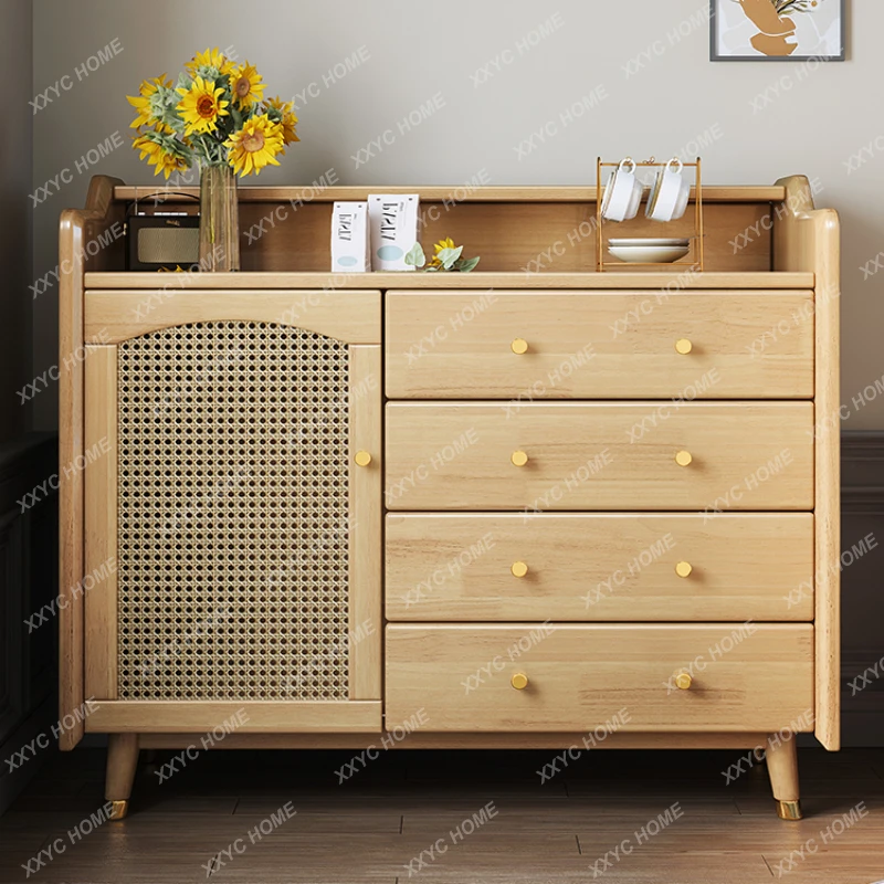 

Nordic Solid Wood Chest of Drawers Rattan Tea Cabinet Living Room Wall Locker