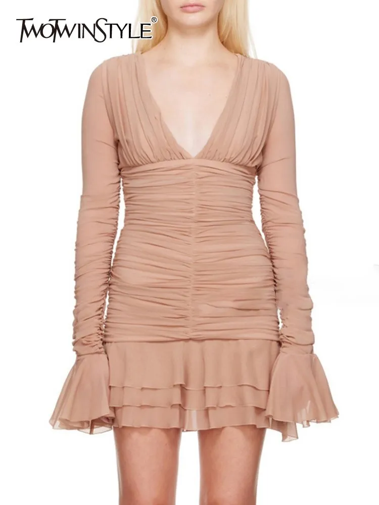 

TWOTWINSTYLE Vintage Dress For Women V Neck Flare Sleeve High Waist Ruffle Trim Hem Shirred Folds Mini Dresses Female Clothing