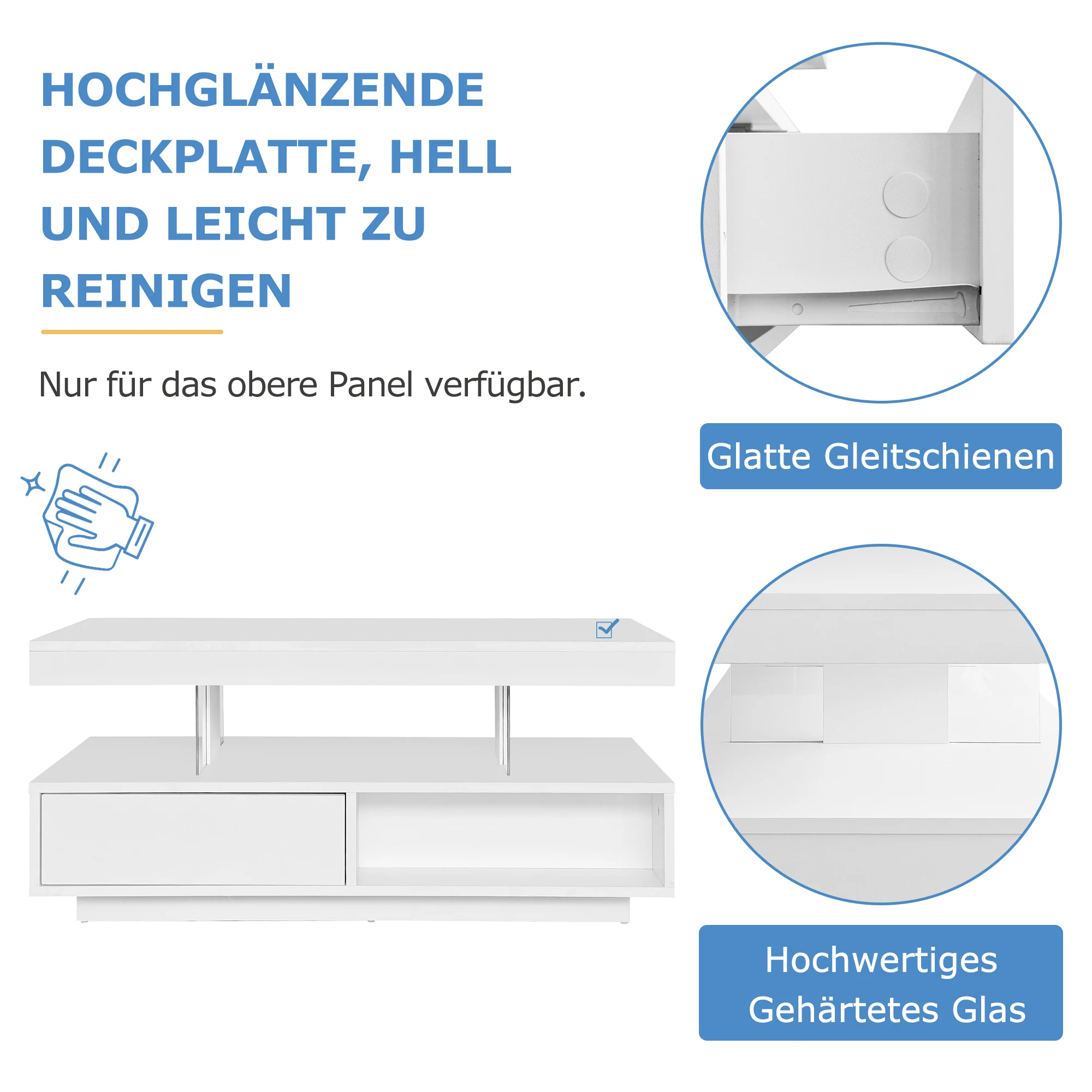 Weißer Hochglanz-Couchtisch 95 x 50 x 42,5 cm – mit 4 Glasböden, 2 Schubladen und 2 offenen Fächern, Wohnzimmerschrank – Detail 18