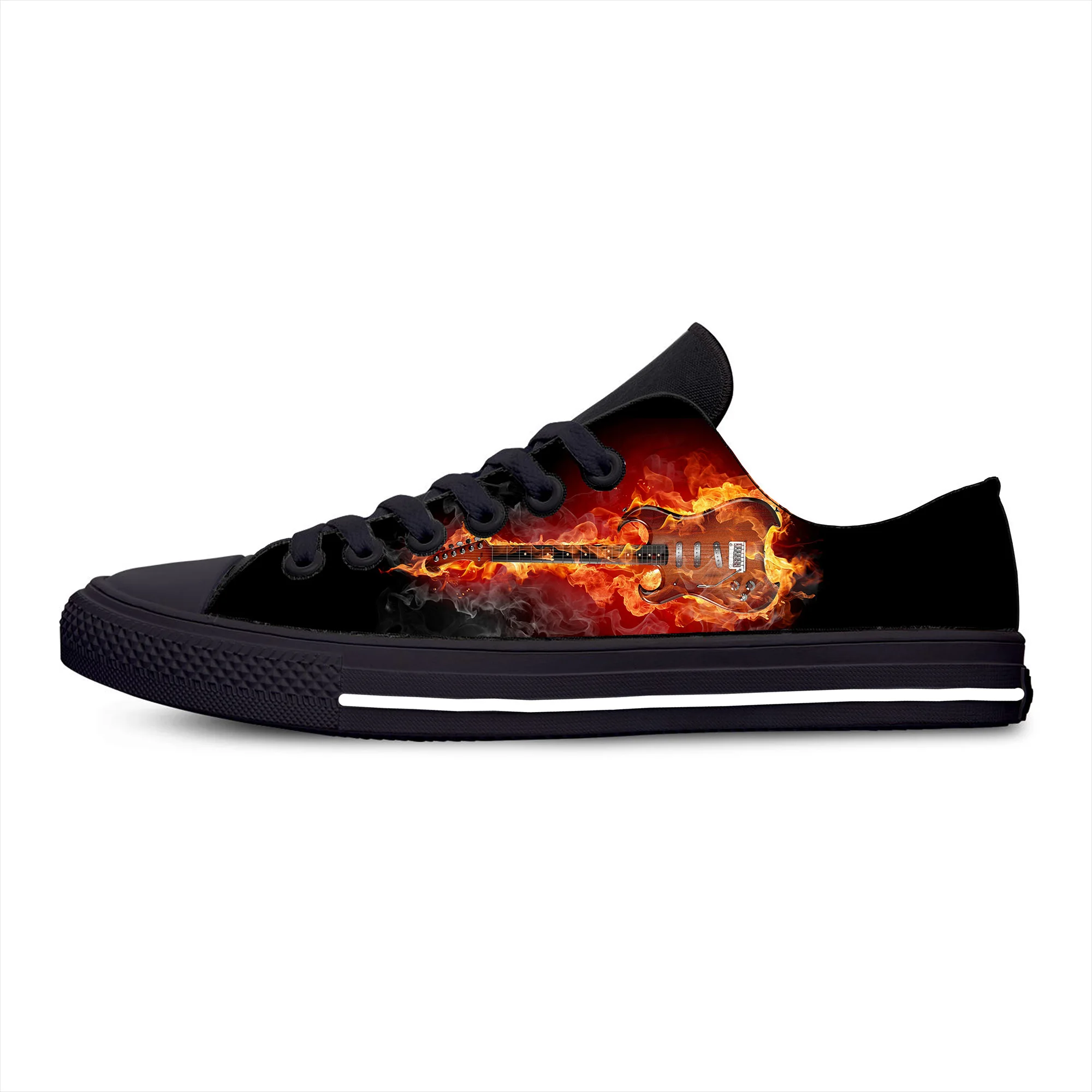 

Flame Flaming Fire Guitar Rock Music Fashion Funny Casual Cloth Shoes Low Top Lightweight Breathable 3D Print Men Women Sneakers