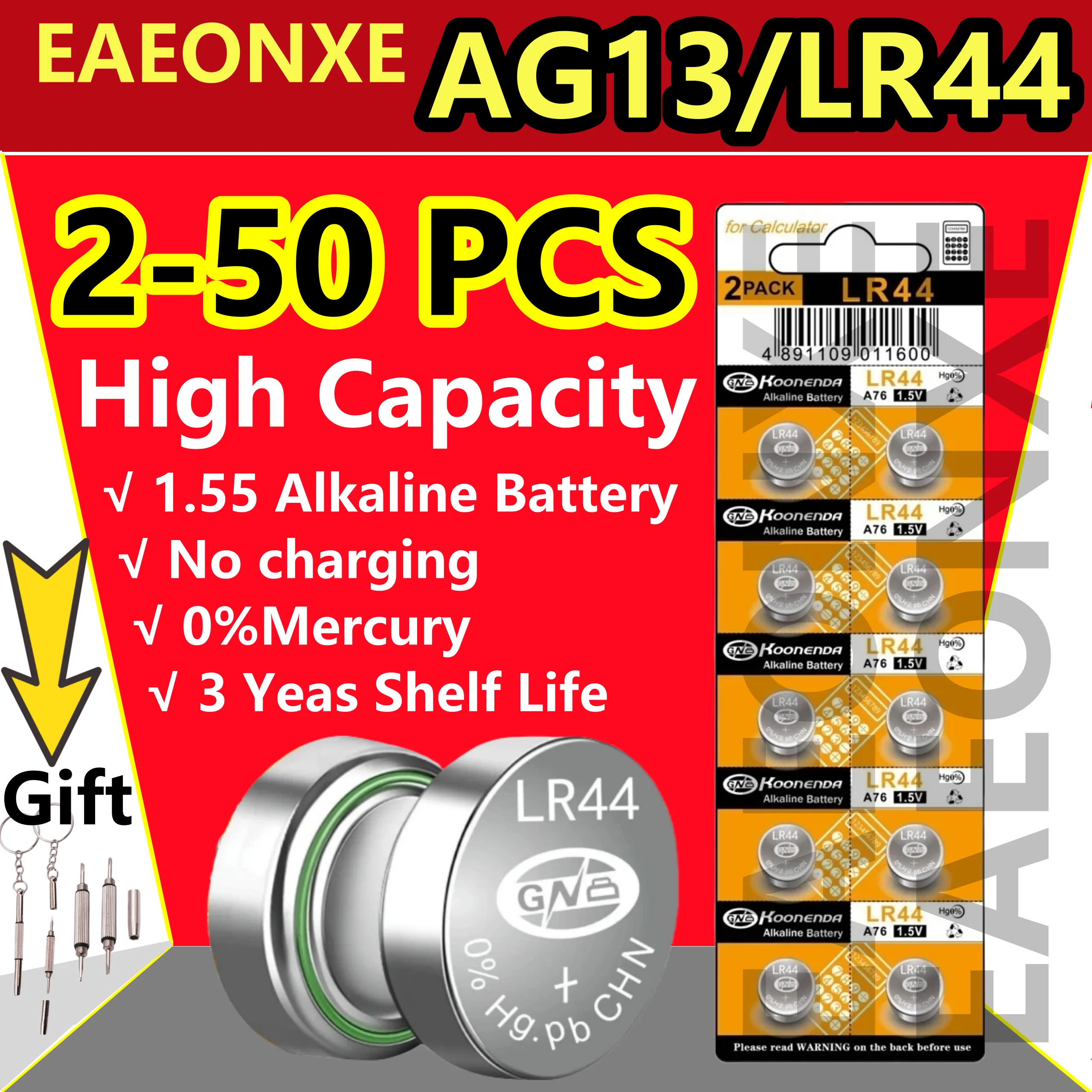 energizer battery set a76 lr44 alkaline 2 piece silver 2-50pcs High Capacity AG13 LR44 Batteries L1154F SR44 A76 Premium Alkaline Battery 1.5V Button Coin Cell Battery for Calculator