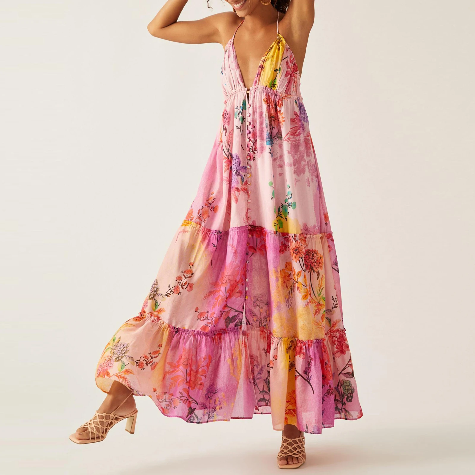 

Women Fashion Boho Floral Print Long Flowy Sleeveless Cami Sexy Spaghetti Strap Maxi Backless Party Dress