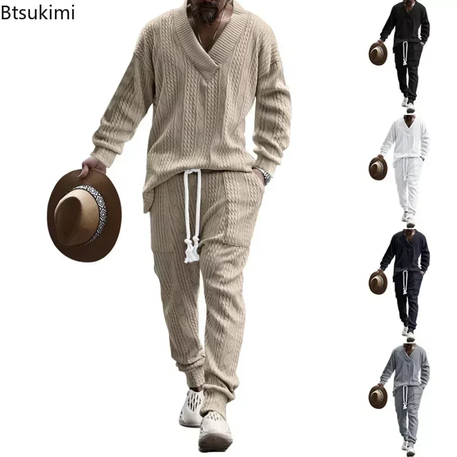 2024 Men's Knitted Suit Sets Long Sleeve V-neck Shirts and Drawstring Pants Sets Pockets Tracksuit Men's Solid Knitted 2PCS Sets