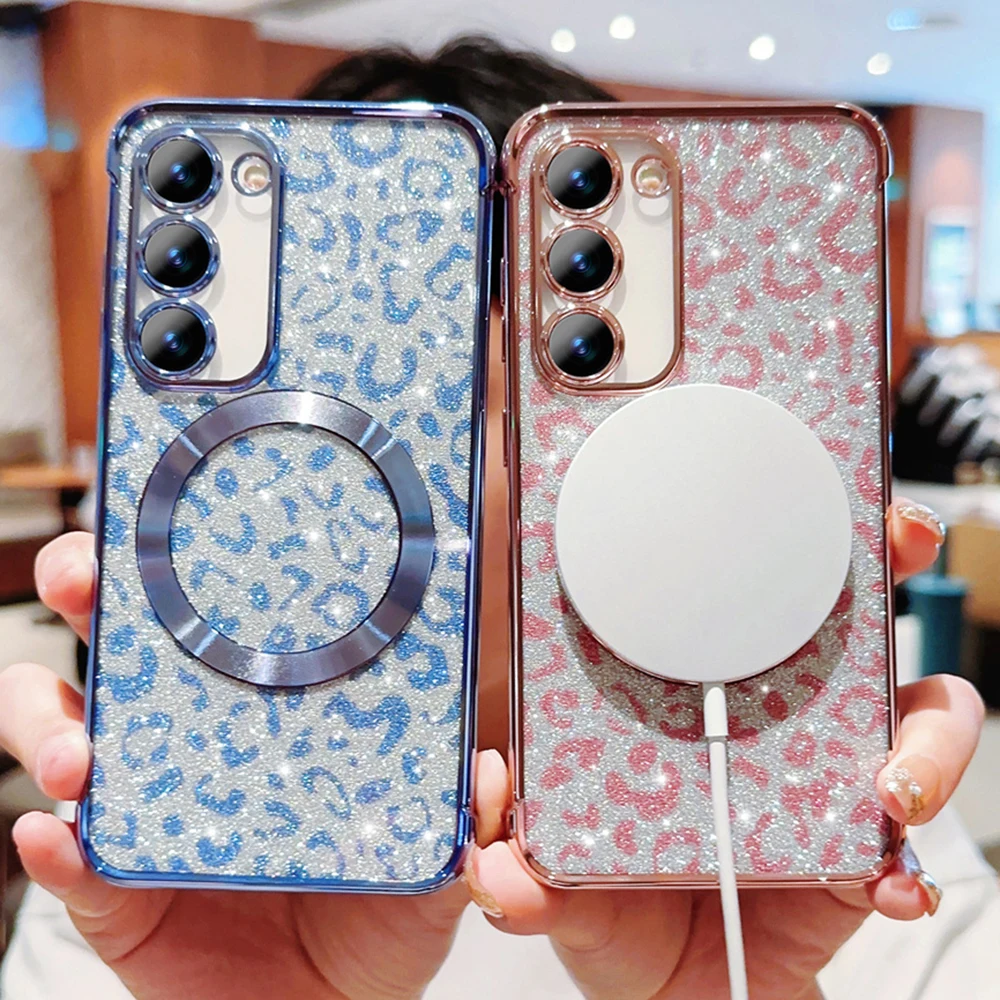 Magnetic Plating Clear Phone Case For Samsung Galaxy S23 S22 Ultra Plus S21 S20 FE Glitter Leopard Pattern Soft Cover_voghion.com